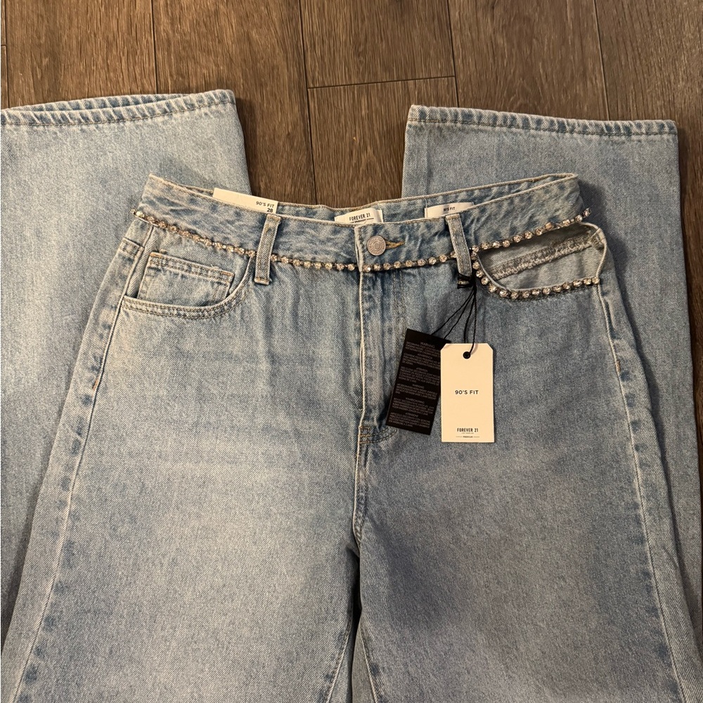 Forever 21 Light Blue Straight Leg Jeans with Diamond Detail - Picture 4 of 6